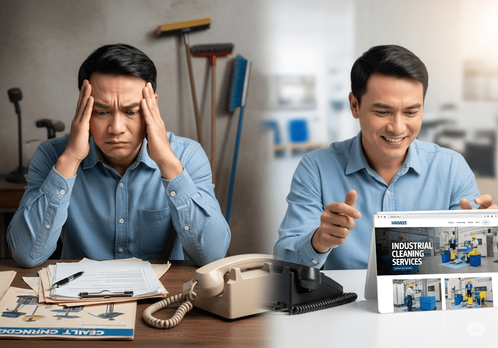 Hình ảnh chủ công ty vệ sinh công nghiệp đối mặt khó khăn và tìm thấy giải pháp website