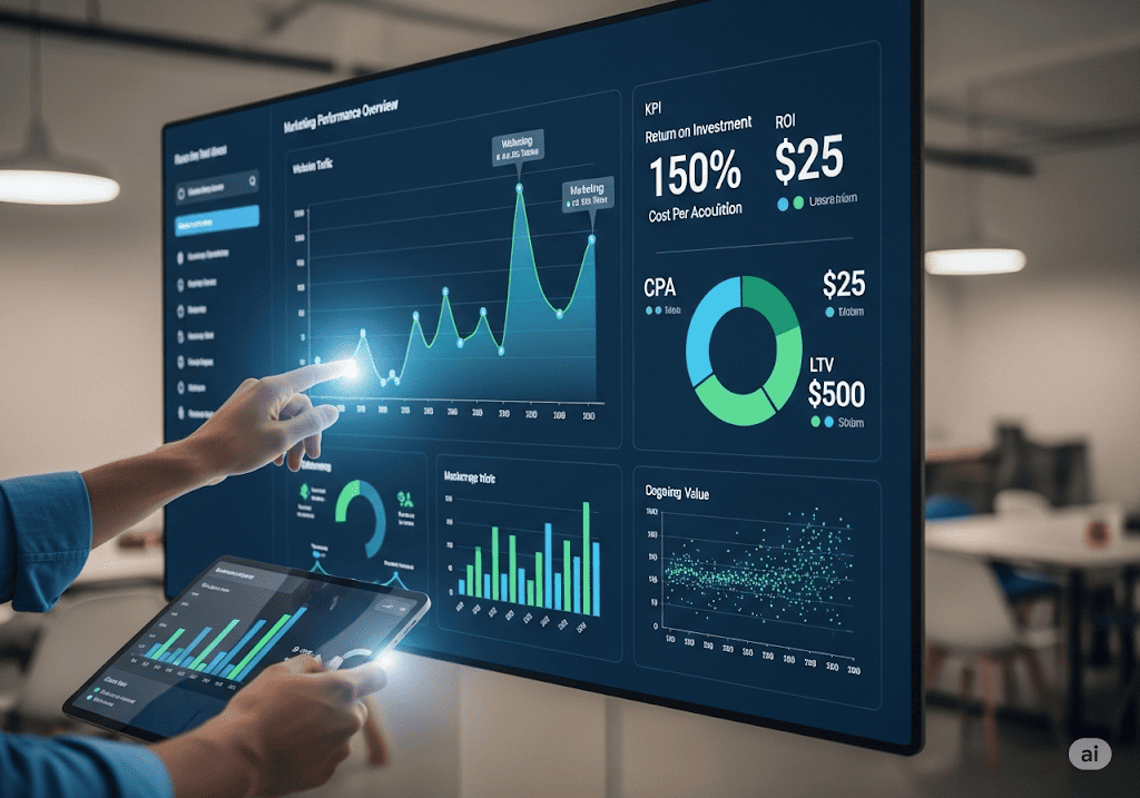 Bảng điều khiển phân tích dữ liệu với các biểu đồ ROI, CPA, LTV, thể hiện quá trình đo lường và tối ưu