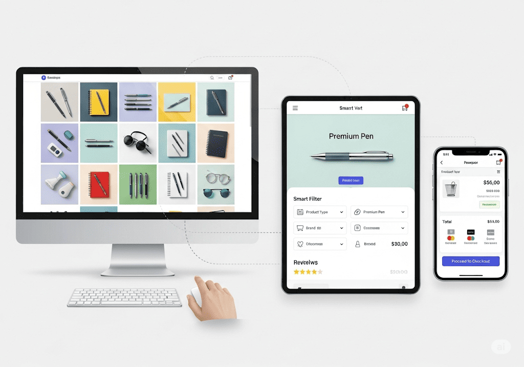 Các tính năng nổi bật của website văn phòng phẩm trưng bày sản phẩm, bộ lọc thông minh, quản lý kho