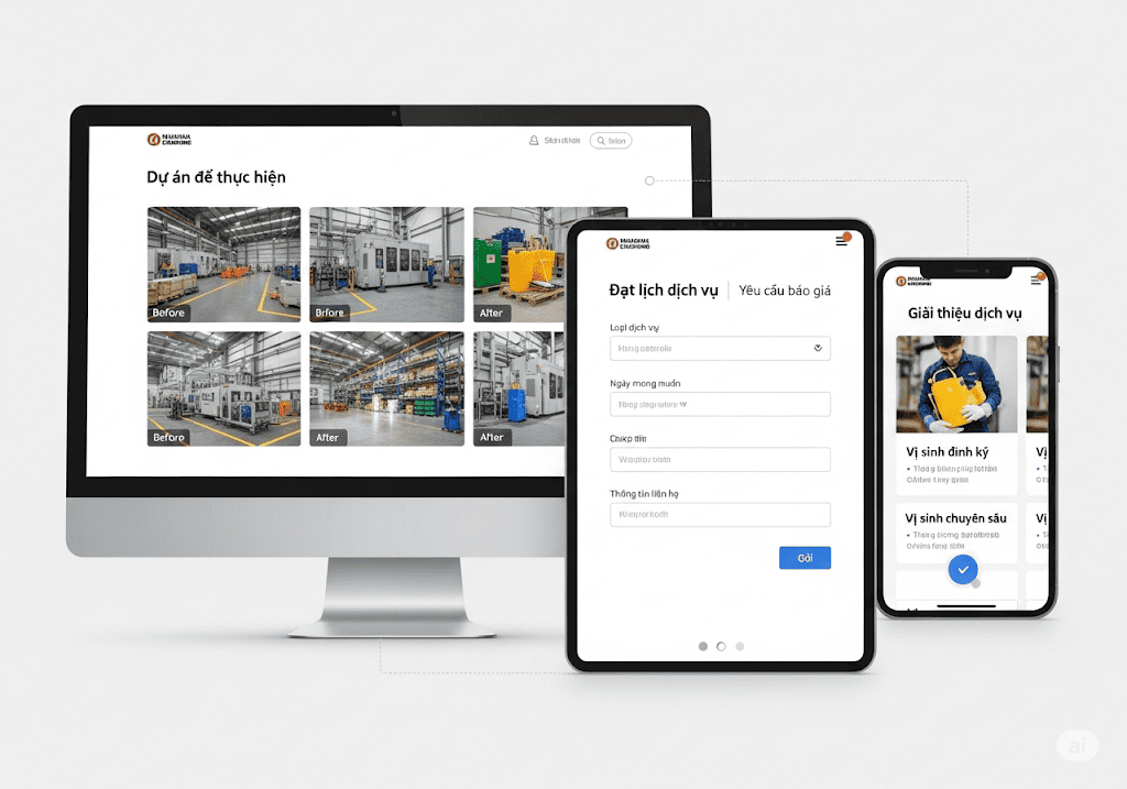 Các tính năng nổi bật của website vệ sinh công nghiệp trưng bày dự án, đặt lịch, giới thiệu dịch vụ