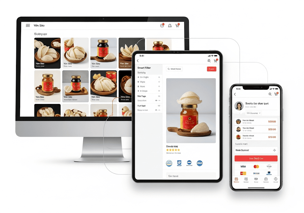 Các tính năng nổi bật của website yến sào trưng bày sản phẩm, bộ lọc thông minh, quản lý kho, thanh toán trực tuyến