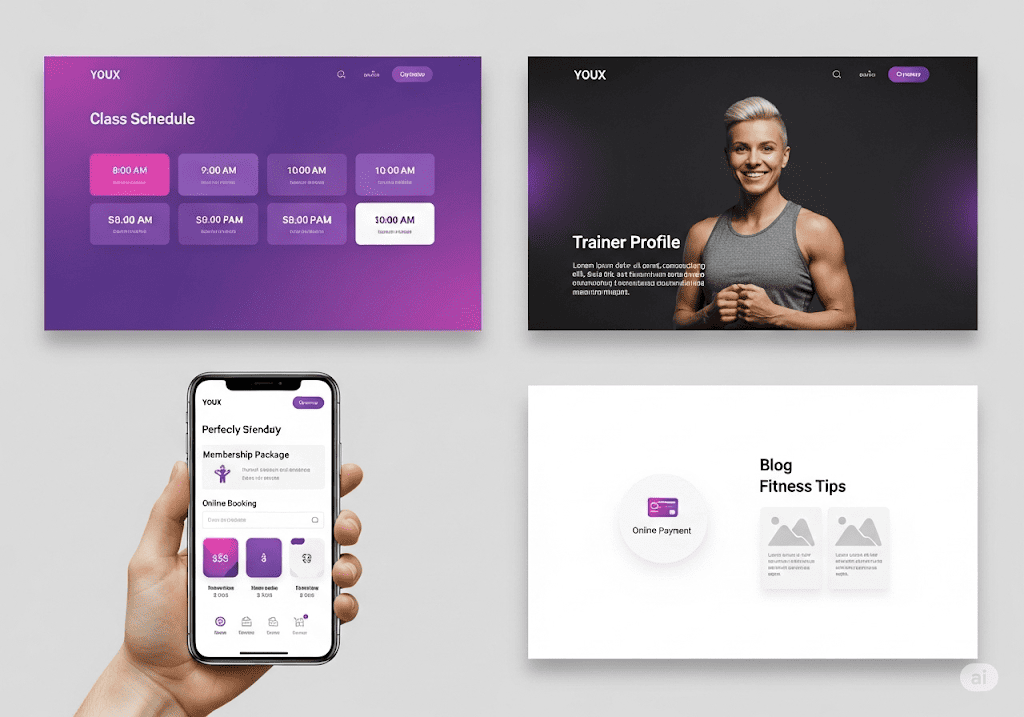 Các tính năng nổi bật trên website fitness, bao gồm đặt lịch tập và quản lý hội viên