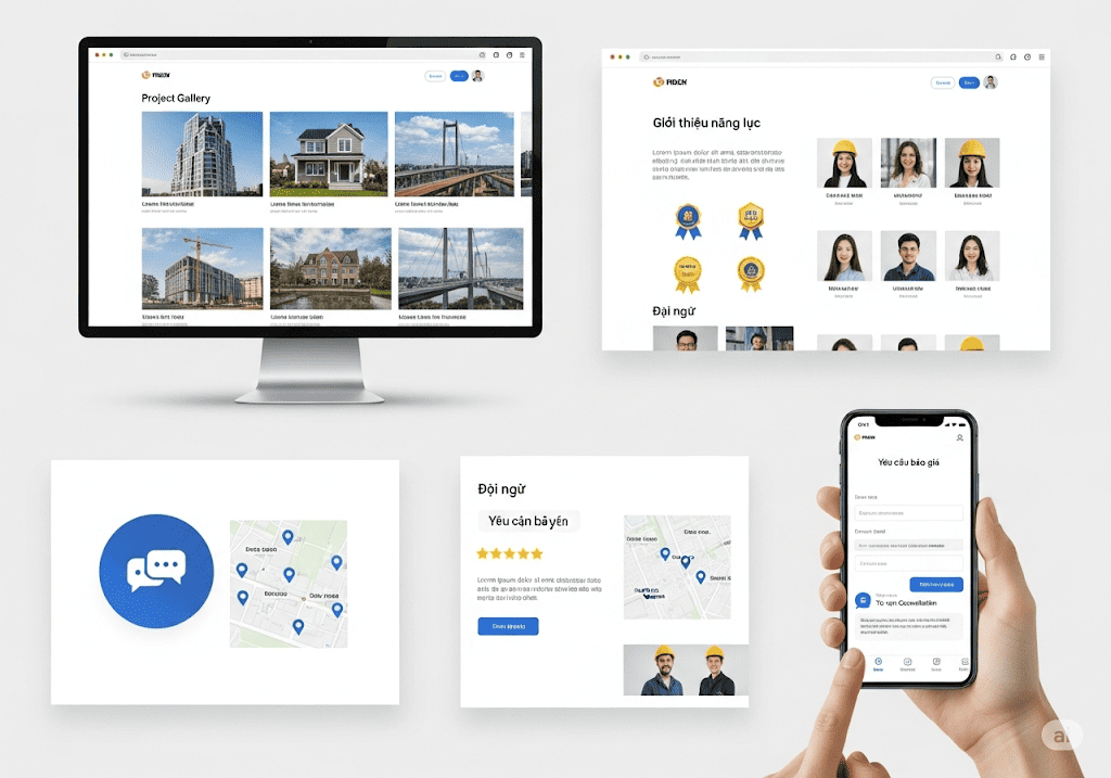 Các tính năng nổi bật trên website ngành xây dựng, bao gồm trưng bày dự án và giới thiệu năng lực