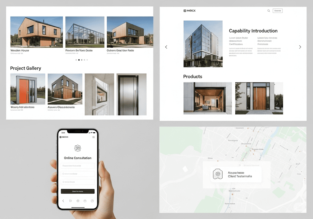 Các tính năng nổi bật trên website nhà gỗ và nhôm kính, bao gồm trưng bày dự án và giới thiệu năng lực