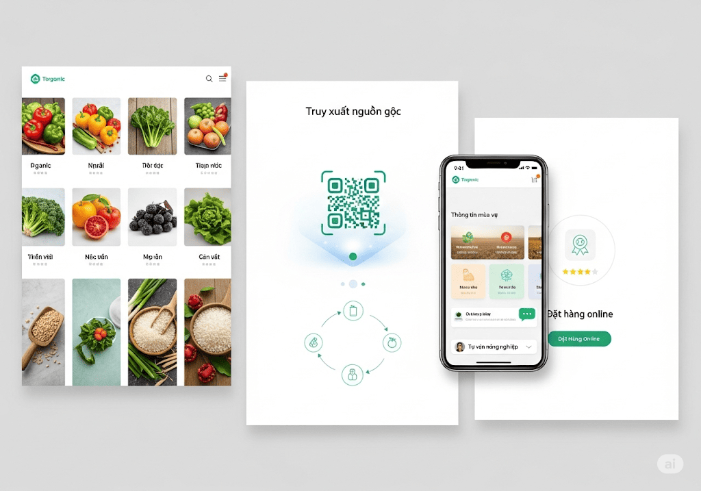 Các tính năng nổi bật trên website nông nghiệp, bao gồm trưng bày sản phẩm và truy xuất nguồn gốc