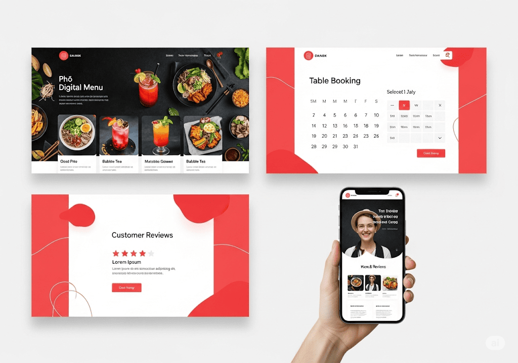 Các tính năng nổi bật trên website quán ăn, bar, trà sữa, bao gồm thực đơn số và đặt bàn trực tuyến