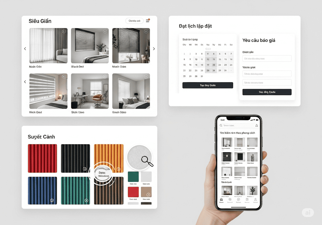 Các tính năng nổi bật trên website rèm cửa, bao gồm trưng bày mẫu rèm và đặt lịch lắp đặt