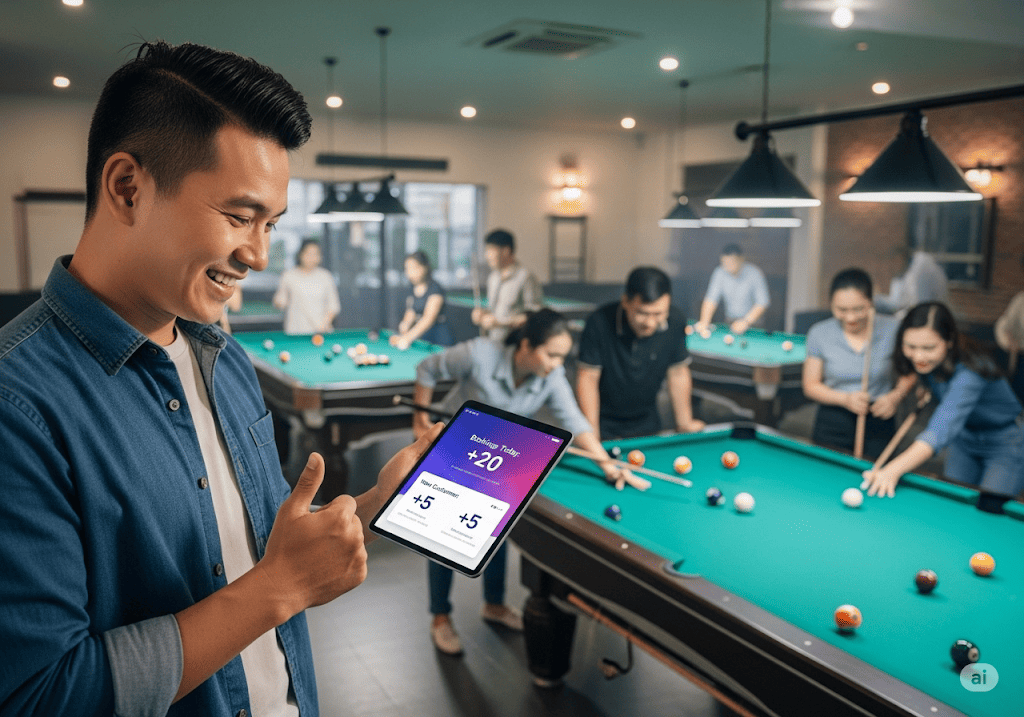 Chủ câu lạc bộ bida Việt Nam vui vẻ quản lý đặt bàn, minh họa lợi ích website chuyên nghiệp