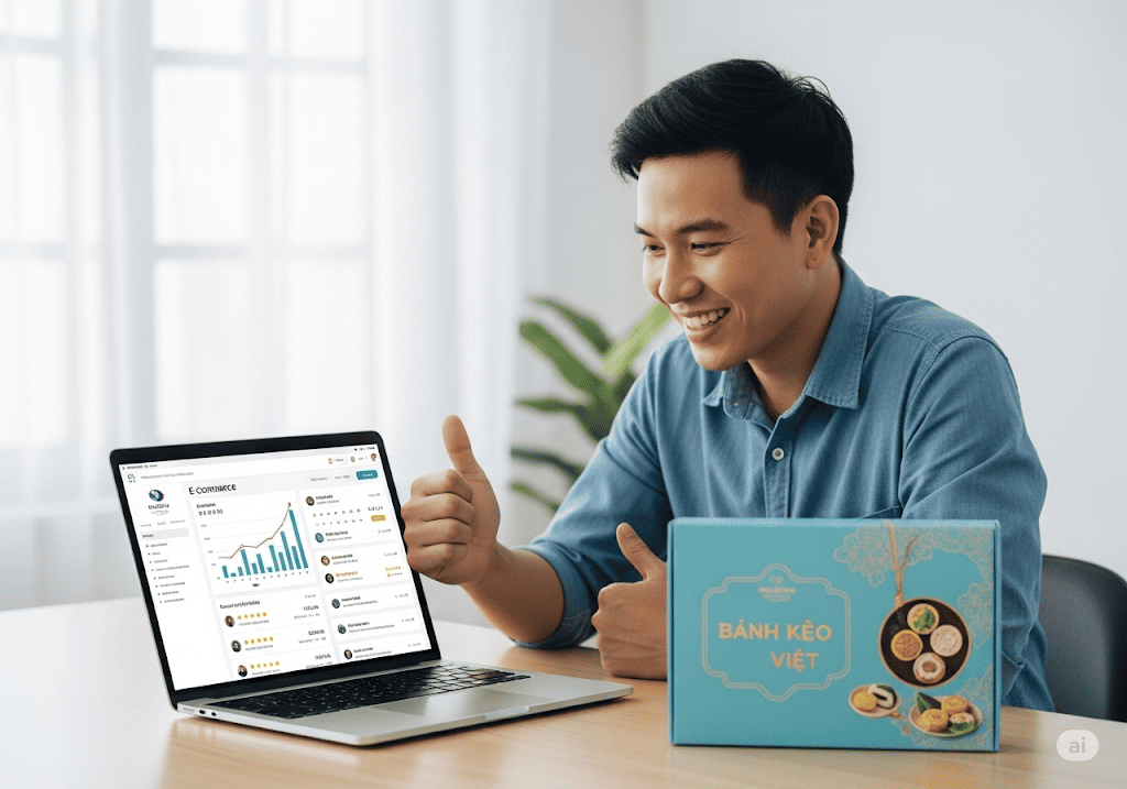 Chủ doanh nghiệp bánh kẹo Việt Nam vui vẻ quản lý đơn hàng, minh họa lợi ích website chuyên nghiệp