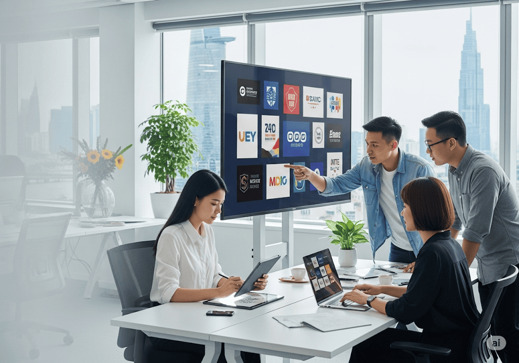 Đội ngũ Tini Tech đang làm việc sáng tạo trong quy trình thiết kế logo chuyên nghiệp tại văn phòng TP.HCM