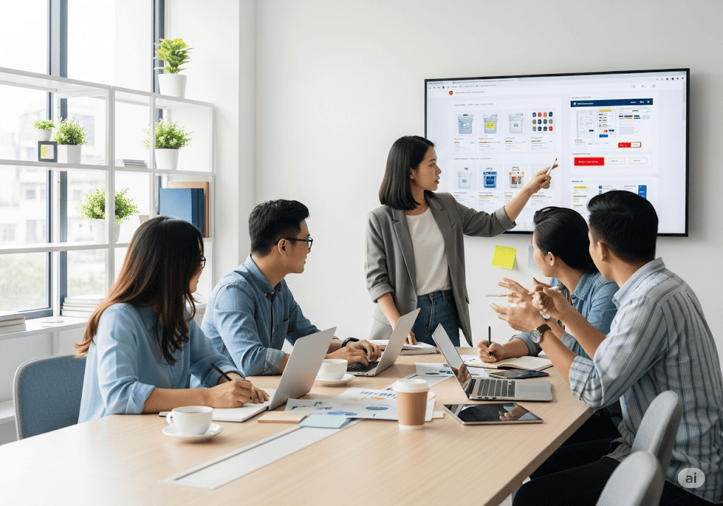 Đội ngũ chuyên gia đang làm việc theo quy trình thiết kế website bán sơn WordPress chuyên nghiệp