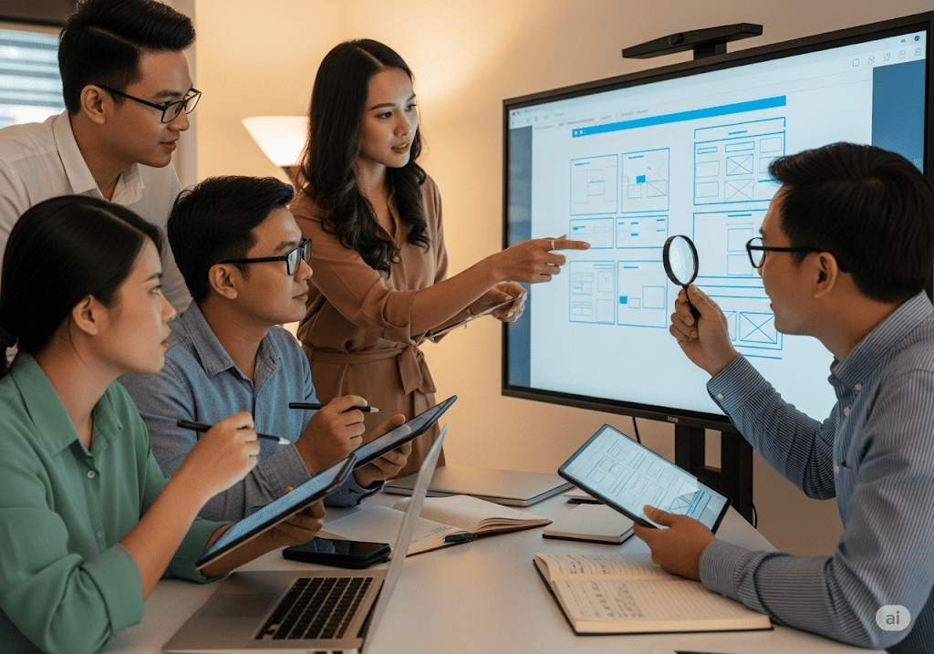 Đội ngũ chuyên gia đang nghiên cứu và xây dựng bản thiết kế website, đặt nền móng vững chắc