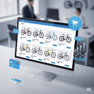 Giao diện website bán xe đạp hiện đại trên màn hình máy tính, thể hiện sự chuyên nghiệp và hiệu quả kinh doanh trực tuyến