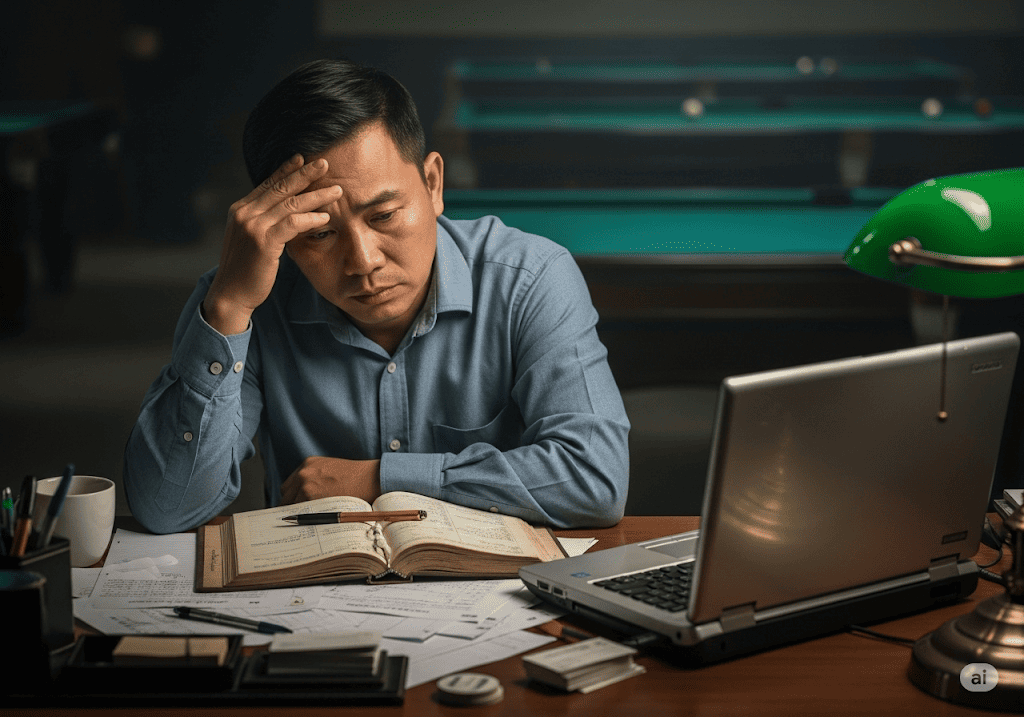 Hình ảnh chủ câu lạc bộ bida Việt Nam mệt mỏi với đống giấy tờ, minh họa khó khăn quản lý thủ công