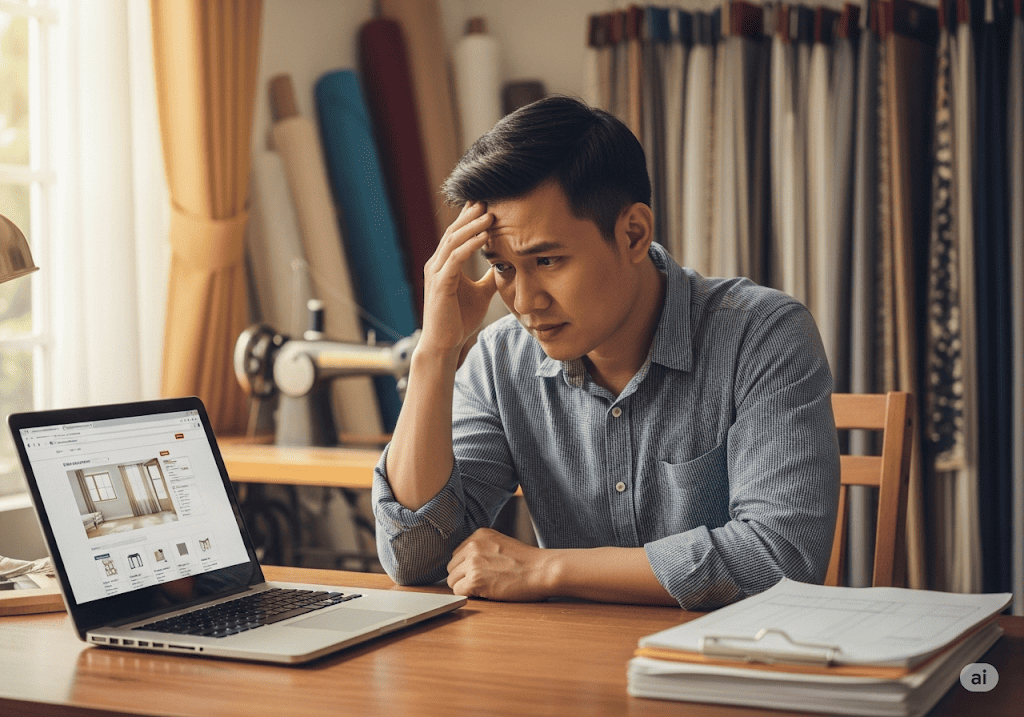 Hình ảnh chủ cửa hàng rèm cửa đang gặp khó khăn khi kinh doanh trực tuyến