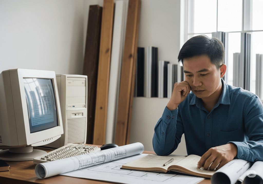 Hình ảnh chủ doanh nghiệp nhà gỗ hoặc nhôm kính đang đối mặt với thách thức kinh doanh truyền thống