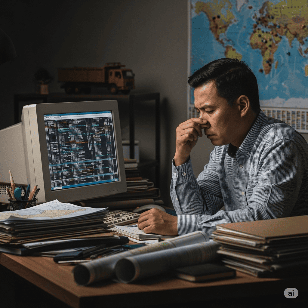 Hình ảnh chủ doanh nghiệp vận tải đang đối mặt với thách thức quản lý logistics truyền thống