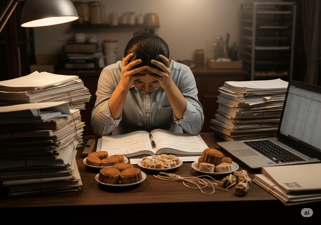 Hình ảnh chủ tiệm bánh kẹo Việt Nam mệt mỏi với đống giấy tờ, minh họa khó khăn khi kinh doanh online thủ công