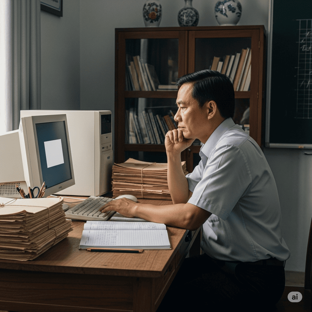 Hình ảnh hiệu trưởng trường học đang đối mặt với thách thức quản lý và tuyển sinh truyền thống