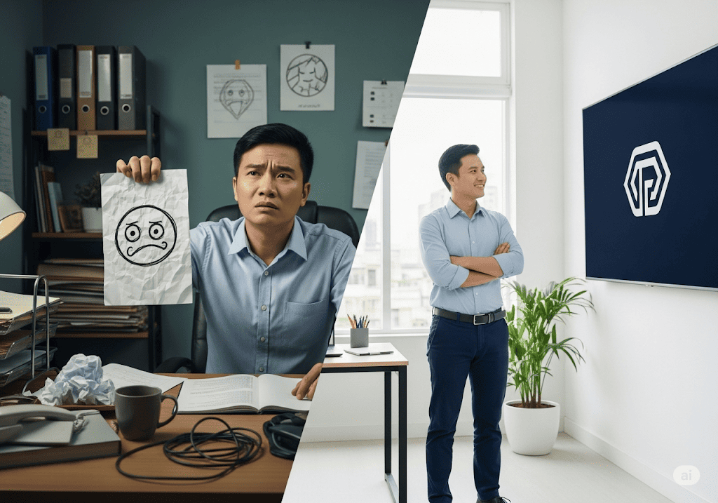 Hình ảnh minh họa sự khác biệt rõ rệt giữa logo yếu kém và logo chuyên nghiệp cho doanh nghiệp Việt