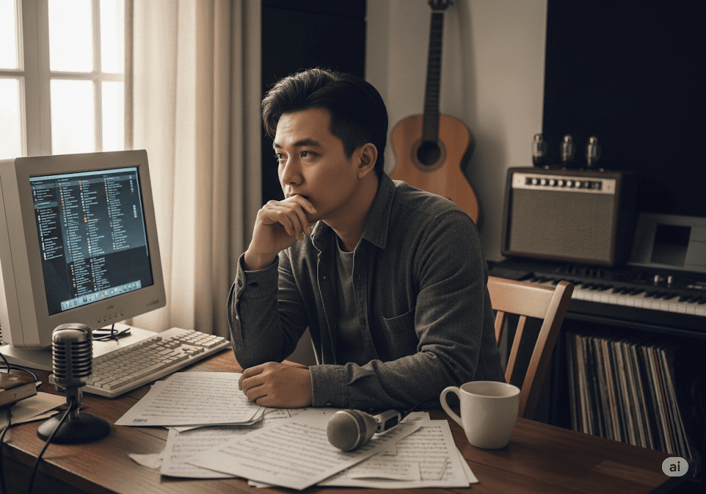 Hình ảnh nghệ sĩ đang gặp khó khăn trong việc phát hành và quản lý âm nhạc trực tuyến