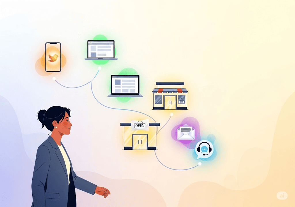 Hình minh họa hành trình khách hàng với các điểm chạm đa dạng như mạng xã hội, website, cửa hàng và email