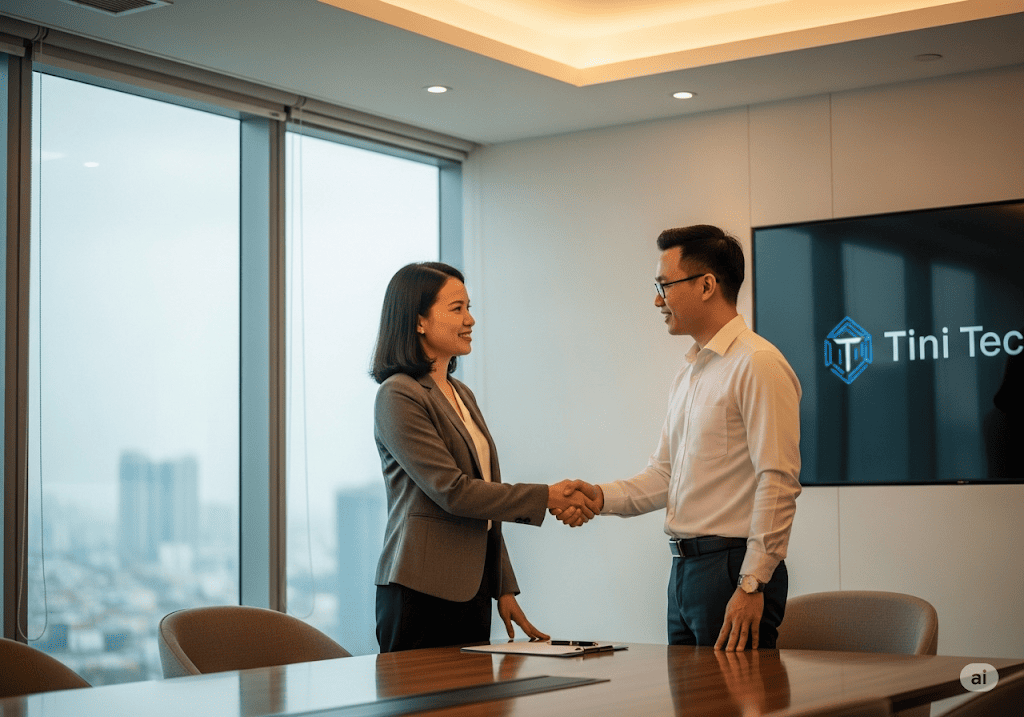 Khách hàng và đại diện Tini Tech gặp gỡ tại văn phòng thiết kế logo chuyên nghiệp ở Quận 1, TP.HCM