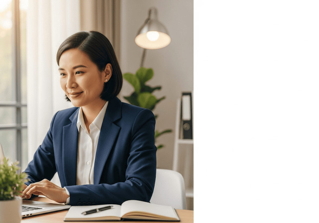 Một người trẻ Việt Nam làm việc tập trung, thể hiện sự rõ ràng và giảm căng thẳng nhờ quản lý thời gian