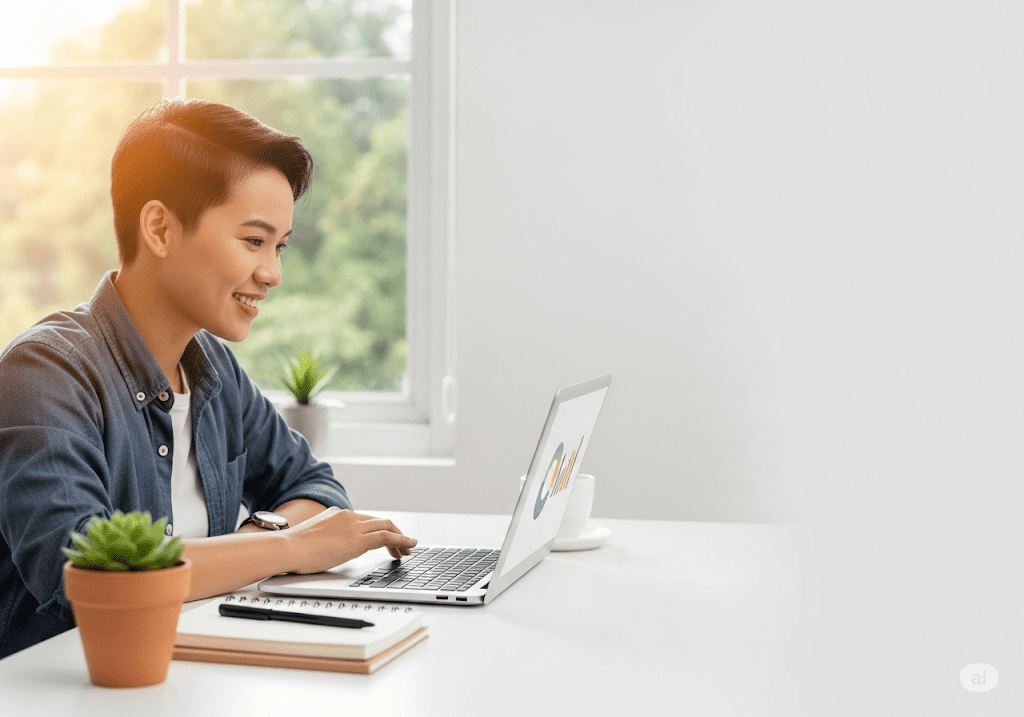Một người trẻ Việt Nam làm việc tập trung, thể hiện sự rõ ràng và giảm căng thẳng nhờ quản lý thời gian