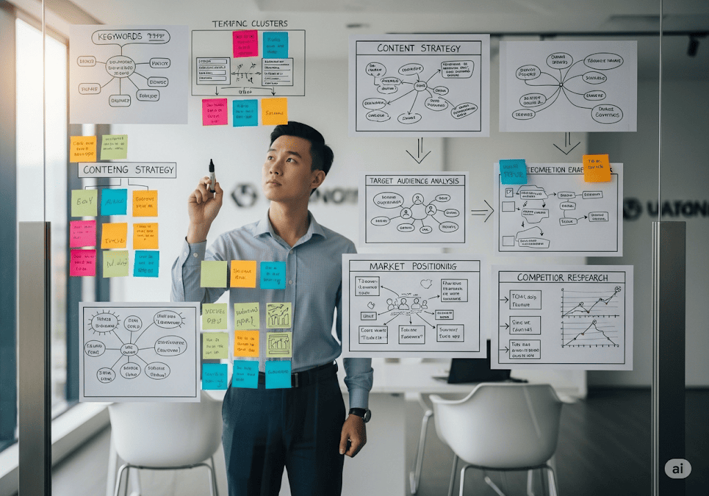 Người làm content đang lên kế hoạch chiến lược và phân tích dữ liệu trên bảng trắng, minh họa cho nền tảng viết content