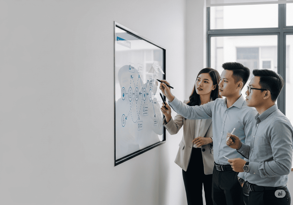 Nhóm chuyên gia marketing đang xây dựng bản đồ hành trình khách hàng trên bảng trắng