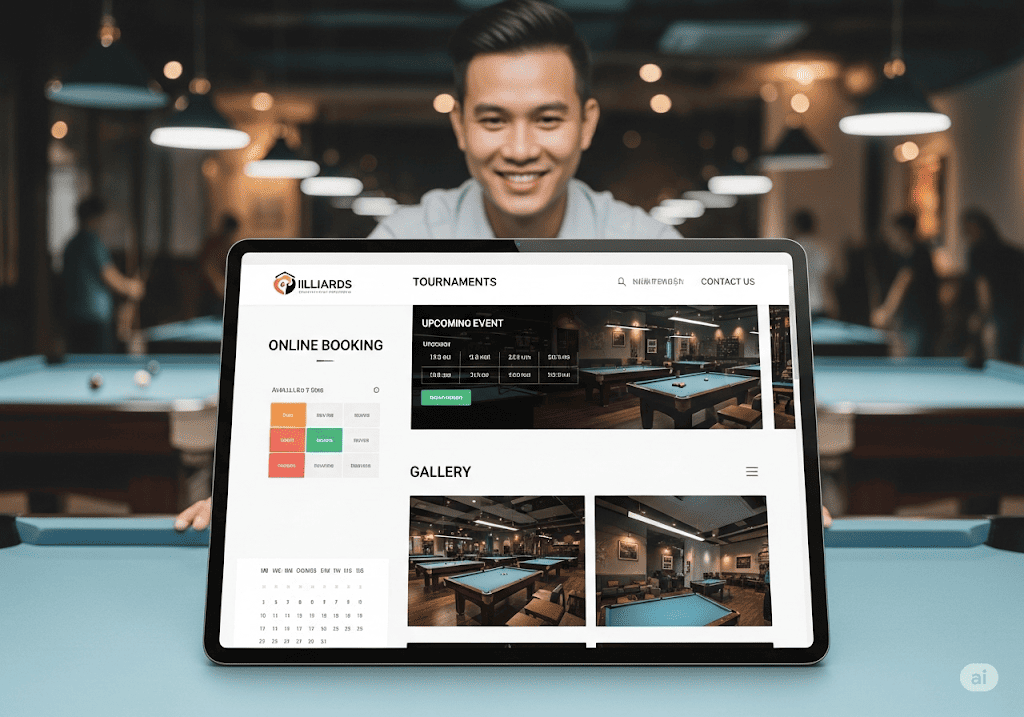 Website bida WordPress chuyên nghiệp hiển thị tính năng đặt bàn, giải đấu, giúp câu lạc bộ thu hút khách hàng