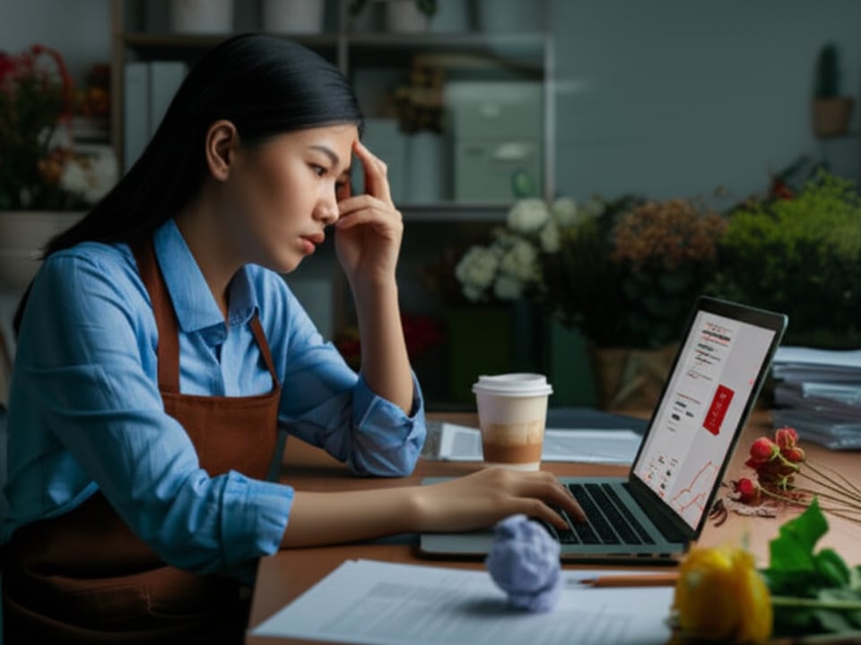 Chủ shop hoa gặp khó khăn khi kinh doanh hoa trực tuyến với website không hiệu quả.