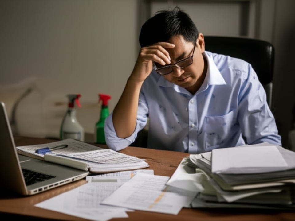 Hình ảnh chủ công ty diệt côn trùng Việt Nam mệt mỏi với đống giấy tờ, minh họa khó khăn quản lý thủ công.