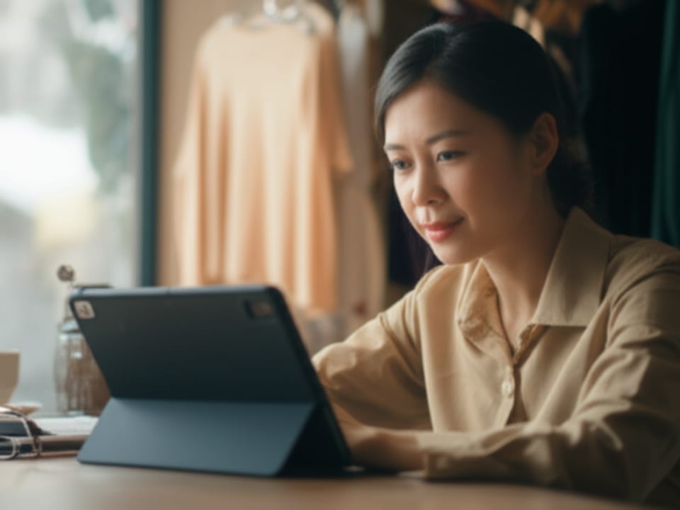 Nữ chủ doanh nghiệp Việt Nam đang xem bảng giá dịch vụ quảng cáo Facebook trên máy tính bảng.