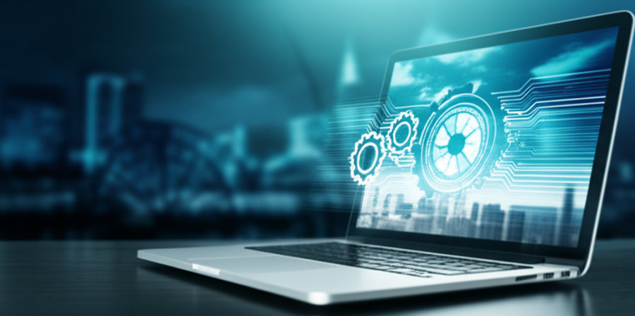 Website hiện đại hiển thị trên màn hình laptop, tượng trưng cho cỗ máy bán hàng tự động 24/7.