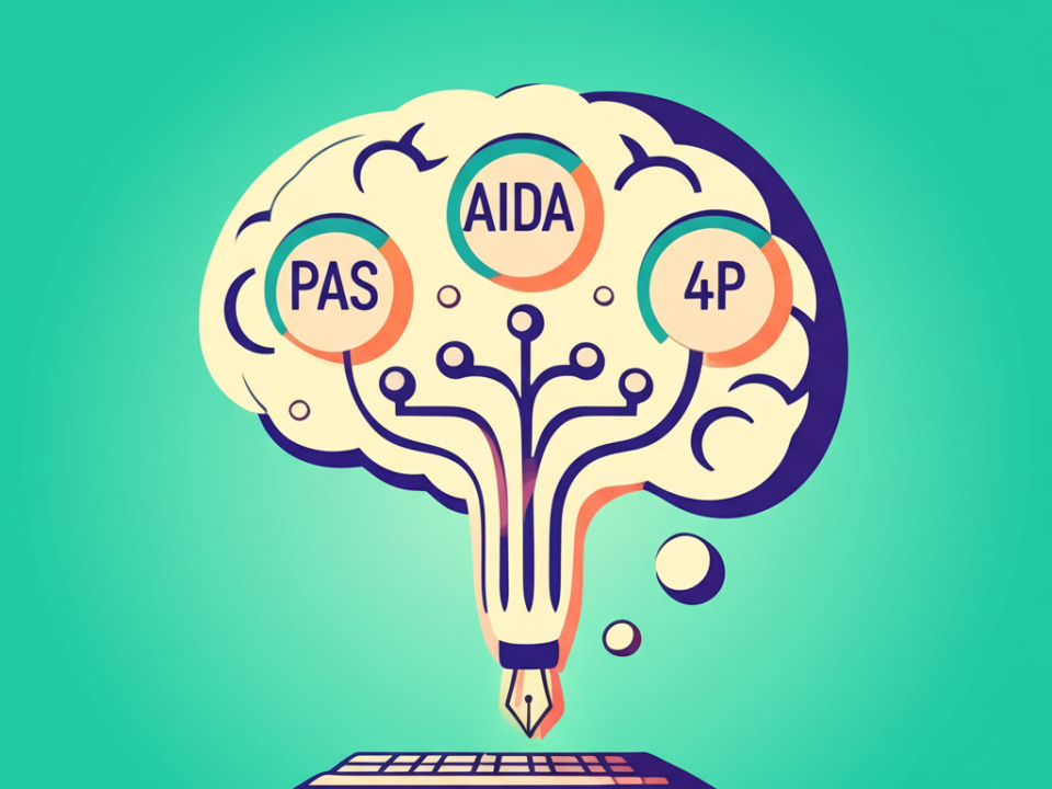 Hình ảnh trừu tượng minh họa các công thức viết content phổ biến như AIDA, PAS, 4P, giúp cấu trúc bài viết hiệu quả.