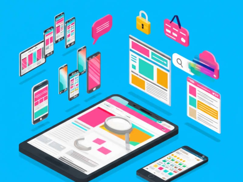 Minh họa các tính năng cần thiết của một website bán điện thoại hiệu quả như giỏ hàng, tìm kiếm, đánh giá sản phẩm và thanh toán an toàn.