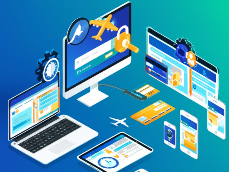 Minh họa các tính năng cần thiết của một website bán vé máy bay hiệu quả như tìm kiếm chuyến bay, thanh toán an toàn và hỗ trợ khách hàng.