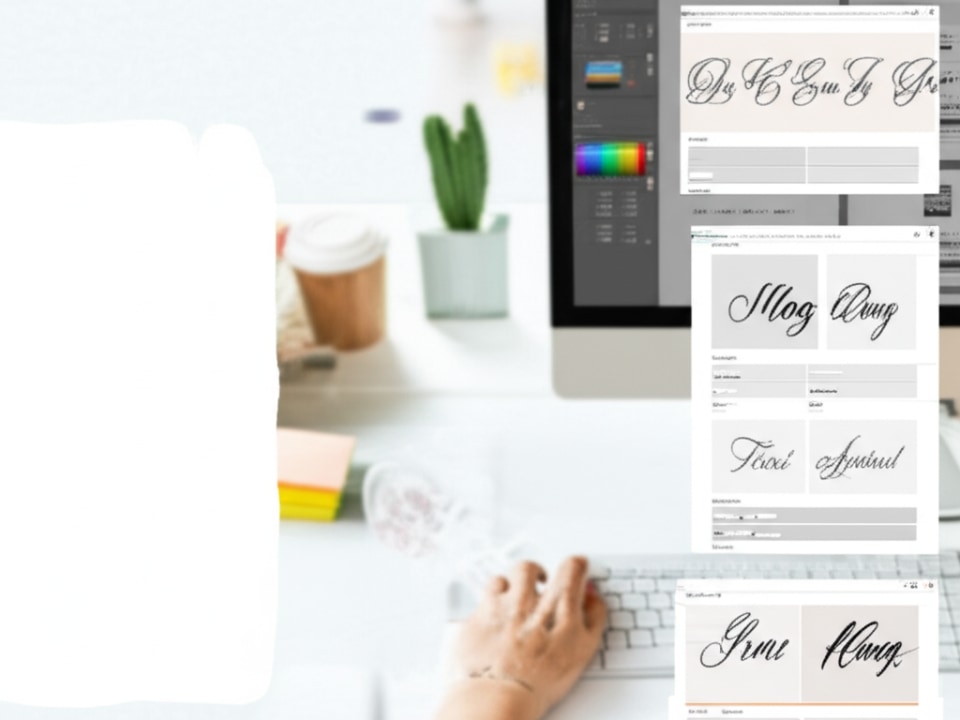 Bàn làm việc của nhà thiết kế với các lựa chọn font chữ, minh họa quá trình chọn font calligraphy phù hợp.