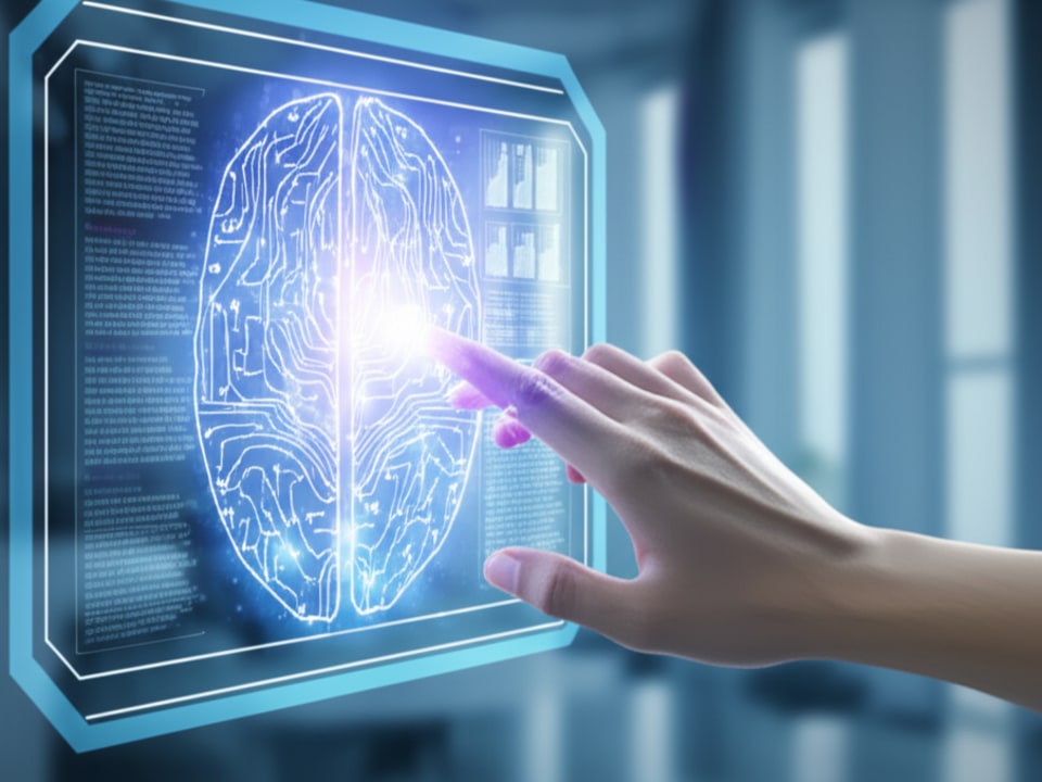 Hình ảnh bàn tay tương tác với giao diện AI, minh họa cách sử dụng công cụ AI để tăng tốc viết content.