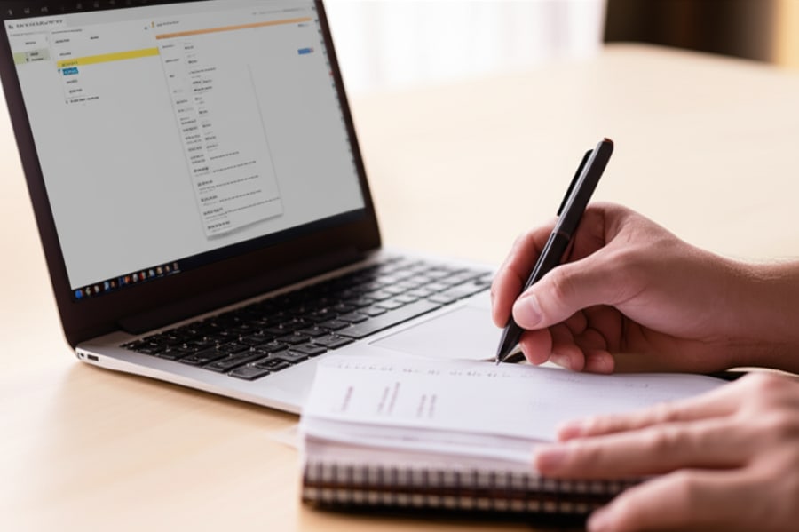 Bàn tay đang viết ghi chú bên cạnh máy tính xách tay, tượng trưng cho quá trình soạn thảo thư mời trang trọng và thuyết phục.