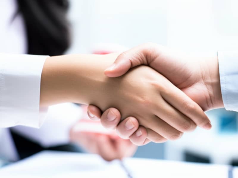 Hai bàn tay bắt chặt thể hiện sự hợp tác thành công trong thiết kế website nha khoa.