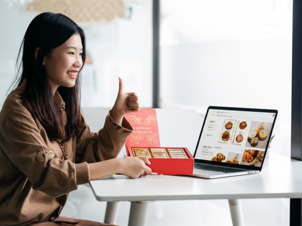 Chủ doanh nghiệp bánh kẹo Việt Nam vui vẻ quản lý đơn hàng, minh họa lợi ích website chuyên nghiệp.