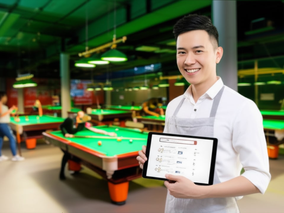 Chủ câu lạc bộ bida Việt Nam vui vẻ quản lý đặt bàn, minh họa lợi ích website chuyên nghiệp.
