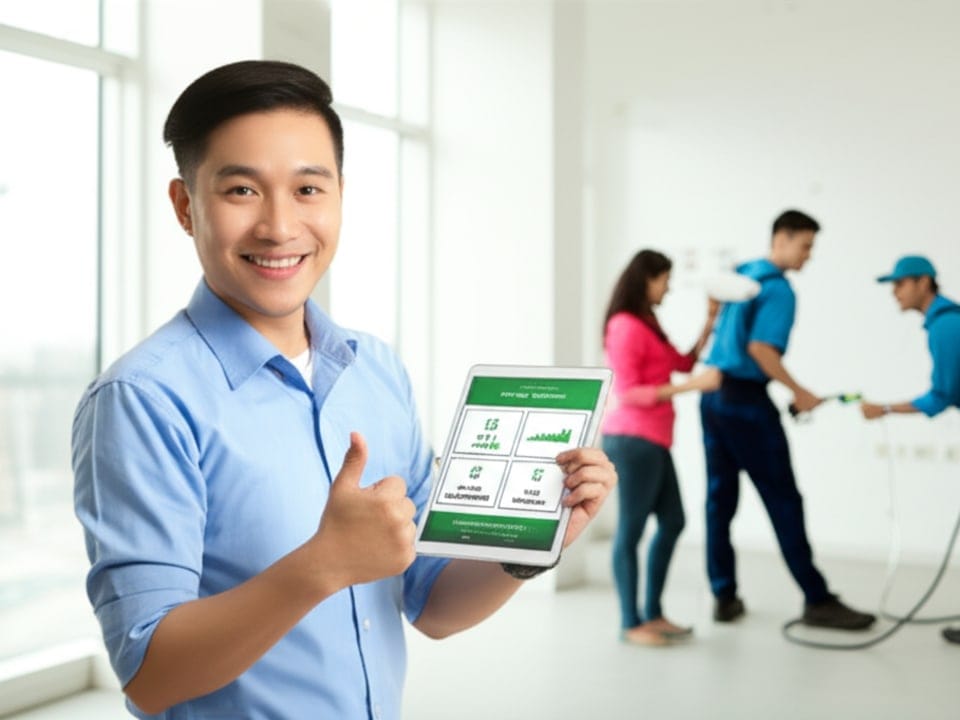 Chủ công ty diệt côn trùng Việt Nam vui vẻ quản lý lịch hẹn, minh họa lợi ích website chuyên nghiệp.