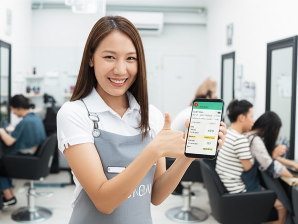 Chủ salon Việt Nam vui vẻ quản lý lịch hẹn, minh họa lợi ích website chuyên nghiệp.