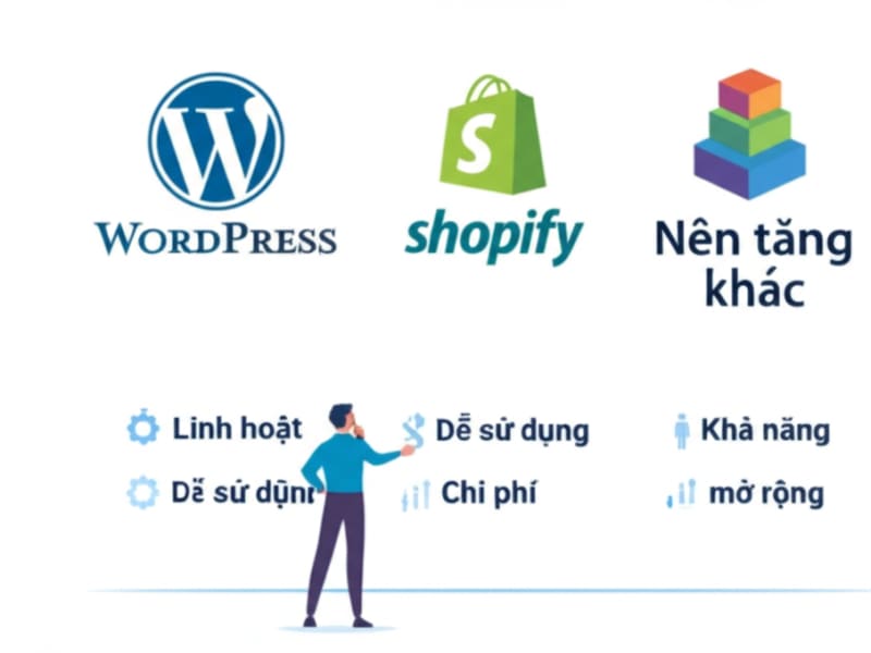 Hình ảnh so sánh các nền tảng thiết kế website bán hàng phổ biến như WordPress và Shopify.