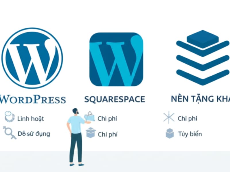 Hình ảnh so sánh các nền tảng thiết kế website ảnh viện áo cưới phổ biến như WordPress và Squarespace.