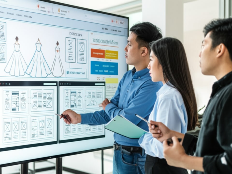 Đội ngũ chuyên gia Việt Nam thảo luận quy trình thiết kế website cho thuê váy cưới WordPress chuyên nghiệp.